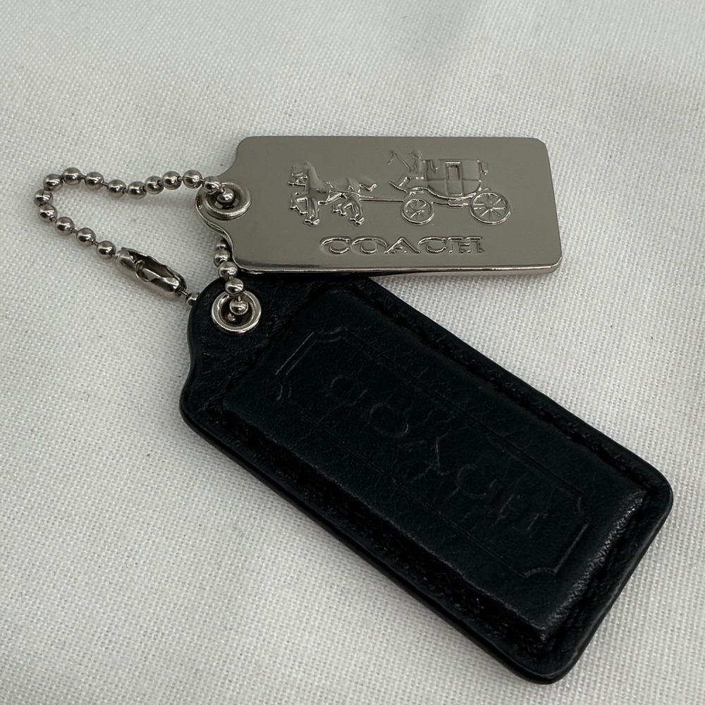 Coach Black Leather and Silver Tone Horse and Carriage Logo Bag Charm Hangtag